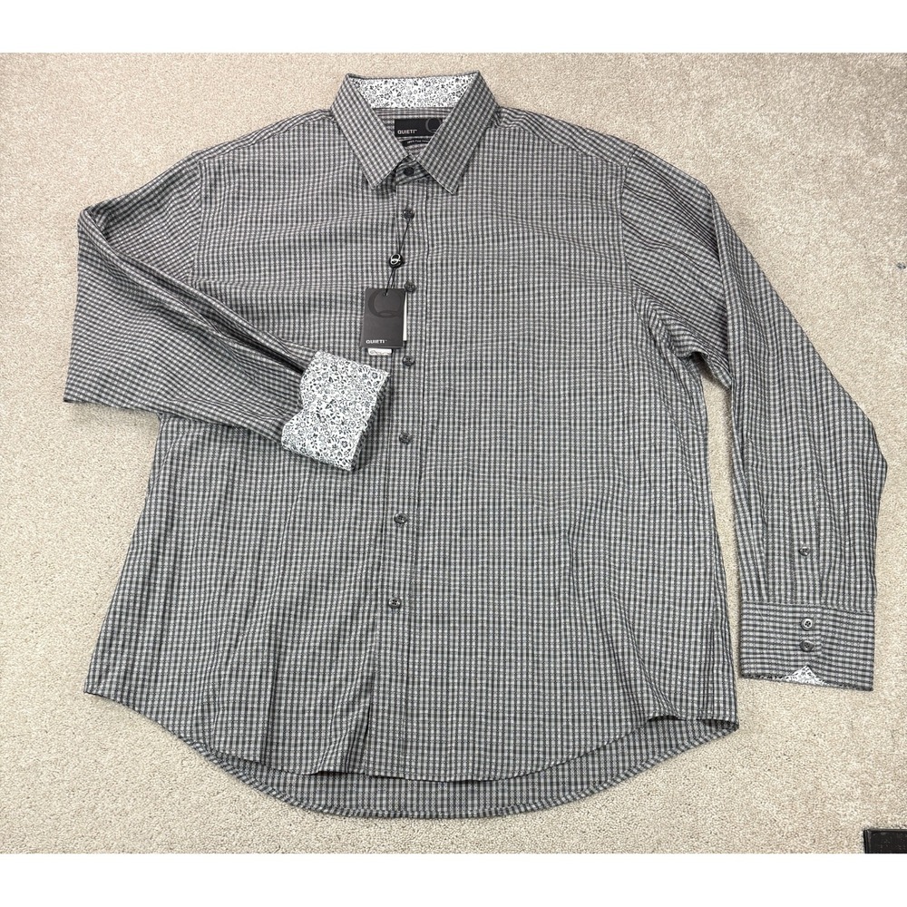 Quieti Men's XXL Long Sleeve Button Front Shirt Gray Black Checked Cuffed NWT